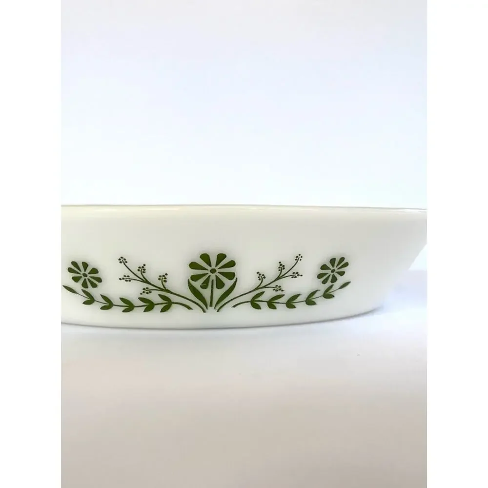 Vintage Glasbake Crazy Daisy Divided Baking Dish Green Milk Glass Casserole